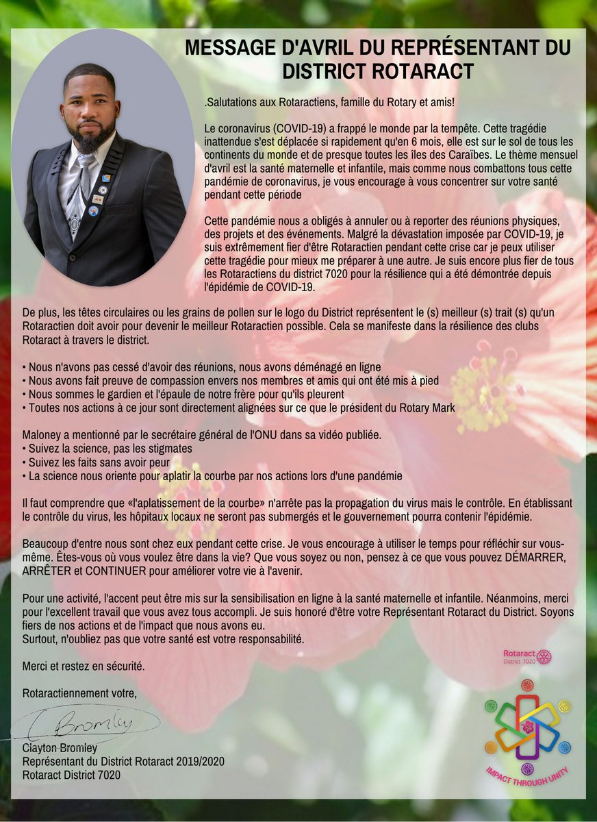 RotaractD7020's tweet photo. Please receive with love, the DRR message for the month of April. HAPPY READY AND STAY SAFE!! #ImpactThroughUnity
#Rotaractimpact
#RotaractUnity
#RD7020Unite
#RD7020Unity
#RD7020Impact
#MotherandChildHealth
#StaySafe2020 https://t.co/d22qZzuNzu