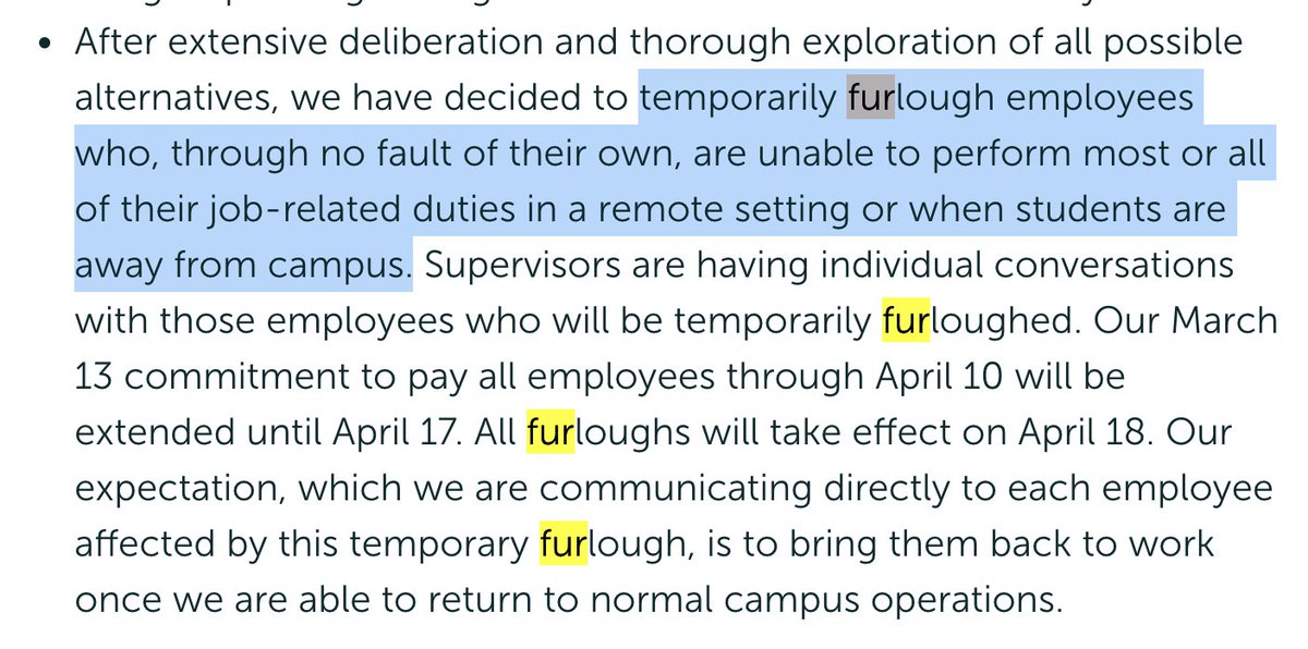 Furloughs at Union College for workers who can't work remotely. Per the CARES Act, Union said the unemployment insurance and benefits should be comparable enough to what workers were receiving before furlough.  https://www.union.edu/coronavirus 
