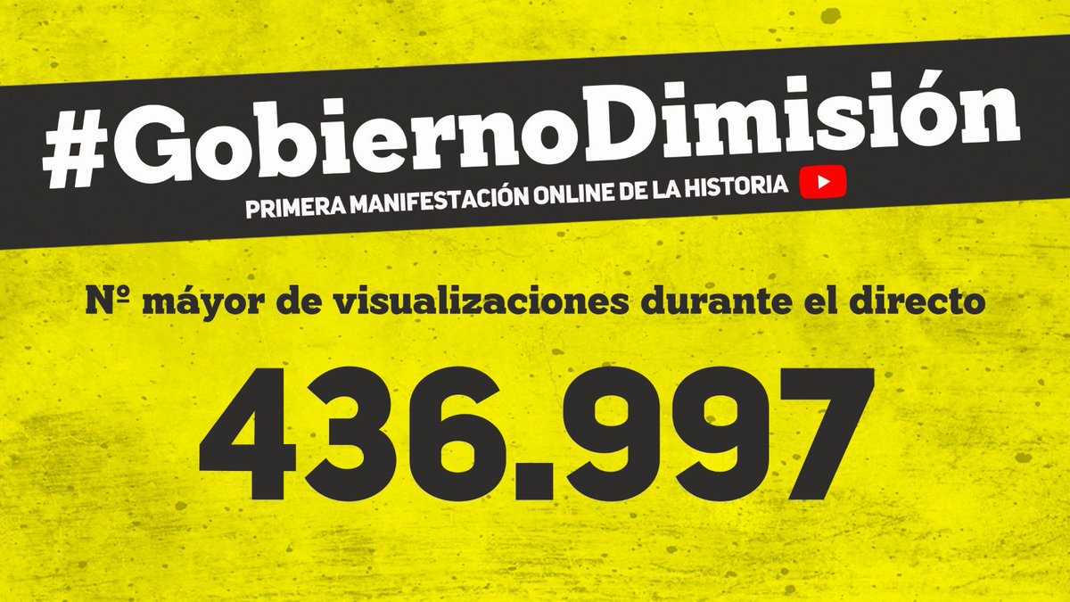 GobDimision2020's tweet photo. 3 millones de visualizaciones

436.997 espectadores en directo.

Todos unidos en una sola causa: #GobiernoDimisión

¡GRACIAS!

#ManifestacionOnline8A https://t.co/ecZJ1E5wPI