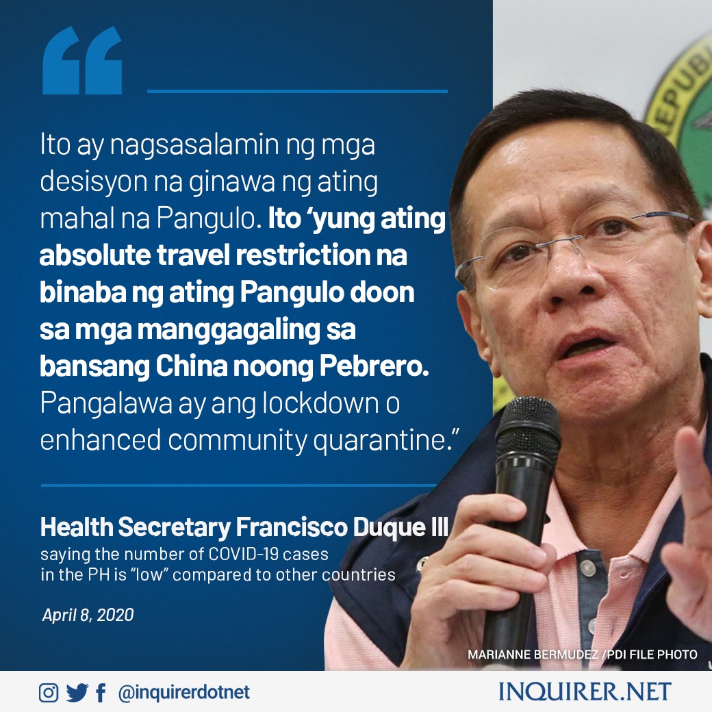 inquirerdotnet's tweet photo. Para kay Health Secretary Francisco Duque III, mas mababa ang bilang ng COVID-19 cases sa Pilipinas kumpara sa ibang bansa dahil sa ipinatupad ng pamahalaan na travel ban sa China.

Basahin: https://t.co/AET2ifxQ2X https://t.co/TPQ2KknnrA
