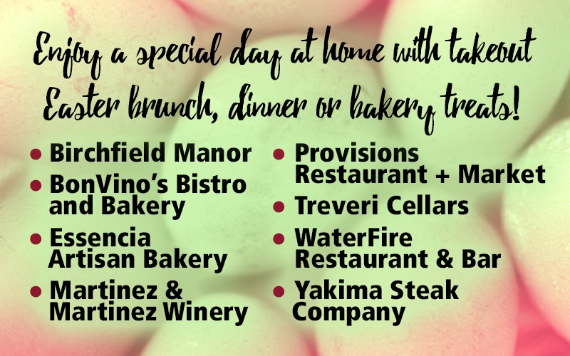 yakimavalley's tweet photo. Wondering what to do about #Easter plans? How about ordering Easter bunch, dinner or bakery treats from local restaurants or wineries?  Maybe even share a virtual Easter brunch with family or friends. Order soon! https://t.co/V7Yf8WfPlN https://t.co/s6MrRFz07X