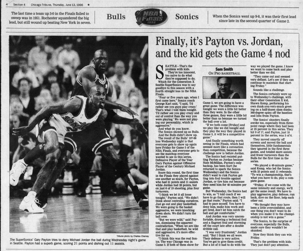 The 23 points Jordan scored in Game 4 of the '96 Finals was to that point his career low in the Finals. He entered Game 4 averaging 35.5 points per game in his Finals career.Against Payton:Game 4: 6-19, 23 pointsGame 5: 11-22, 26 pointsGame 6: 5-19, 22 points