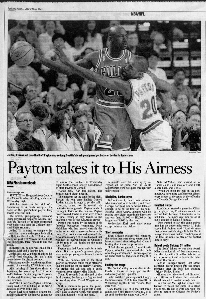 The 23 points Jordan scored in Game 4 of the '96 Finals was to that point his career low in the Finals. He entered Game 4 averaging 35.5 points per game in his Finals career.Against Payton:Game 4: 6-19, 23 pointsGame 5: 11-22, 26 pointsGame 6: 5-19, 22 points