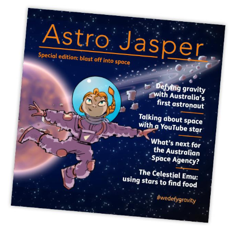 AusSpaceAgency's tweet photo. Introduce your young space fans to Jasper! She's the inspiring young face behind the @AusAirForce's magazine for kids. It features interviews, including a Q&amp;A with our Chief Technical Officer, activities and heaps of cool info about #space. Read it here: https://t.co/vWcb6NLX5s https://t.co/ke5bfjUfqn