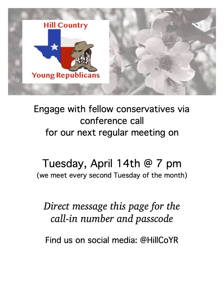 HillCoYR's tweet photo. Join us for our monthly meeting via conference call on April 14 next week. Direct message this page for the call-in number and password. Talk to y'all then! https://t.co/qTIDeuLt6n
