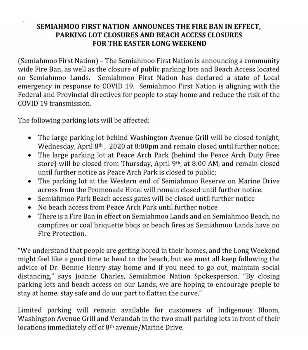 A press release regarding a fire ban, parking lot closures and beach access closures on our territory for the long weekend. Let’s all keep doing our part to combat #COVID19! <a href="/PeaceArchNews/">Peace Arch News</a> <a href="/WhiteRockRCMP/">White Rock RCMP</a> <a href="/whiterockcity/">City of White Rock</a>