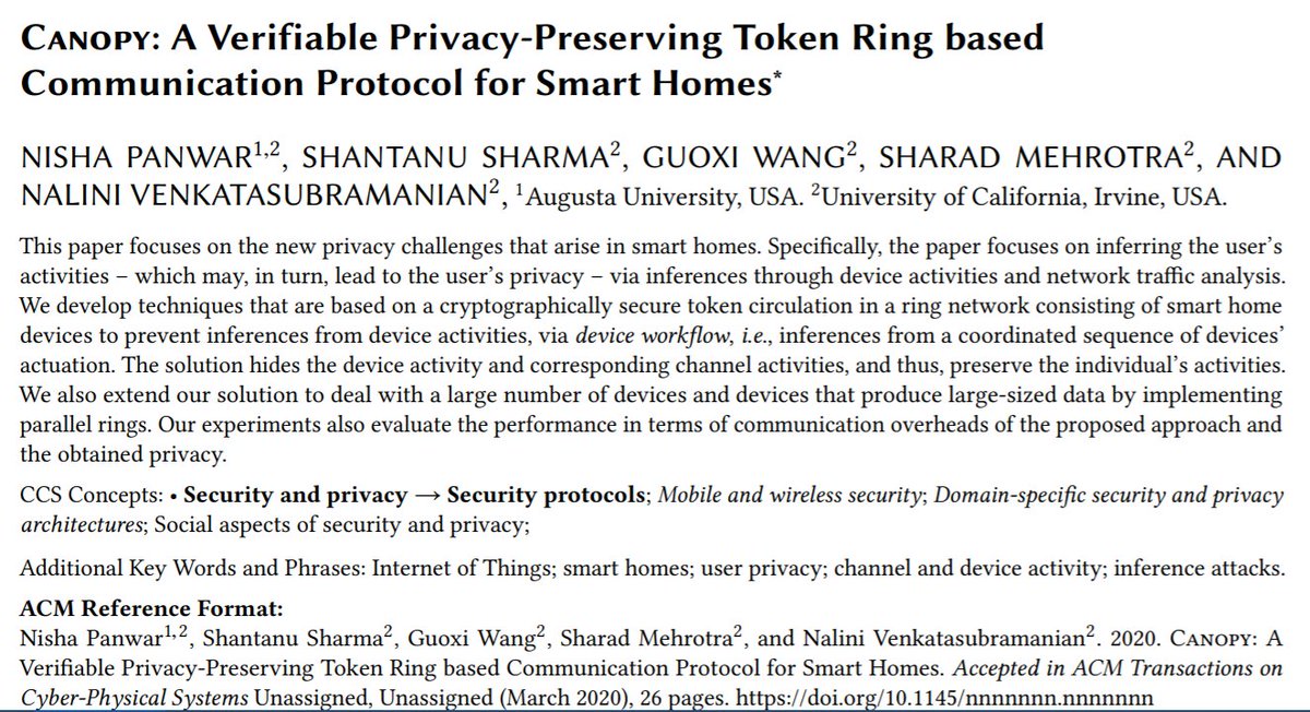 ShantanuNJIT's tweet photo. Paper got accepted
@TheOfficialACM #Transactions on #cyber #physical #systems #TCPS
https://t.co/VrJE18NeOr
We cover #privacy issues in #smarthome
#Communication
#smartphones
#SmartCity
#verification
#uci
@acmcodaspy #codaspy19
#inference #cloudcam #Amazon #WiFi #Echo https://t.co/FqVdGIYMJ7
