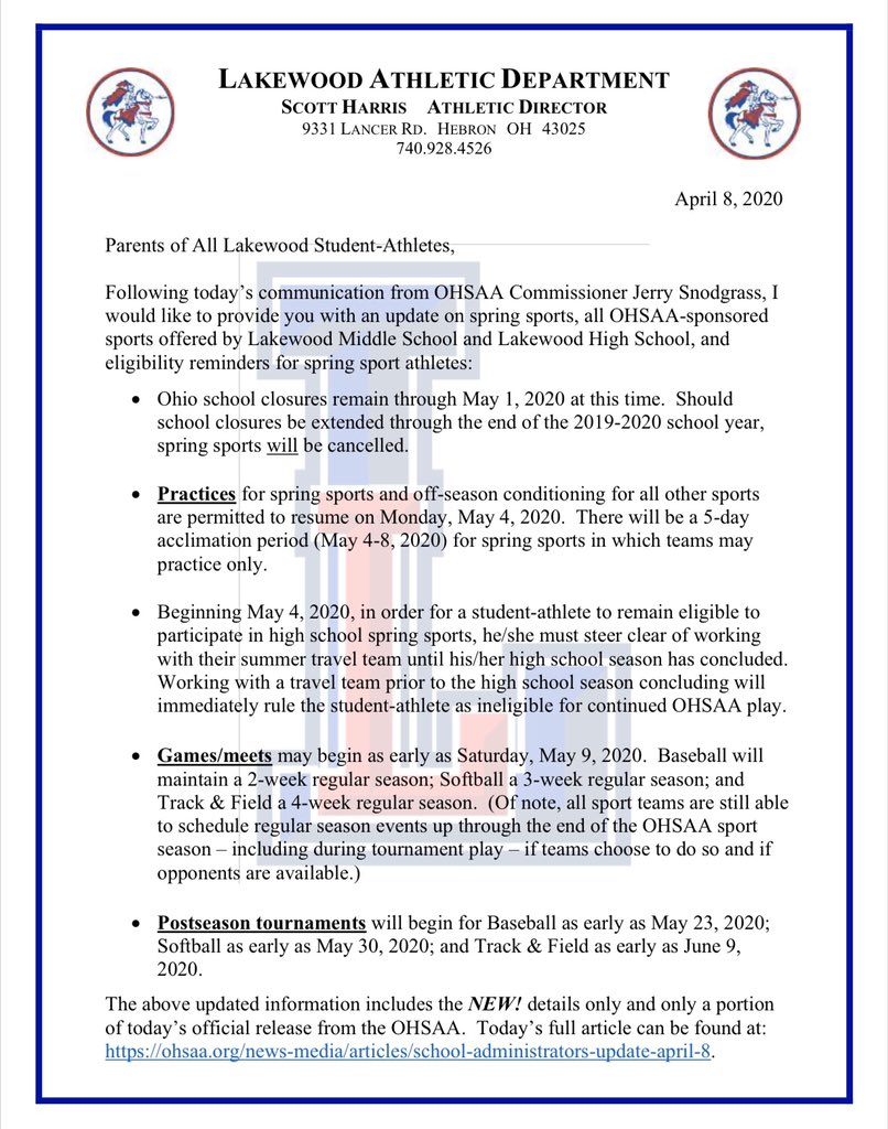 LWHSLancers's tweet photo. Please review this “Lakewood Athletics/COVID-19” informational letter as it relates to the continuation of OHSAA spring sports &amp; student-athlete eligibility and offseason sport conditioning. https://t.co/kha7lDyLYU