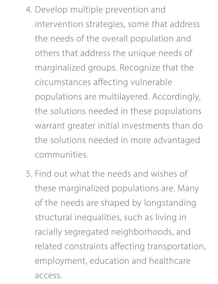4. Develop multiple prevention and intervention strategies, some that address the needs of the overall population and others that address the unique needs of marginalized groups.5. Find out what the needs and wishes of these marginalized populations are.3/6