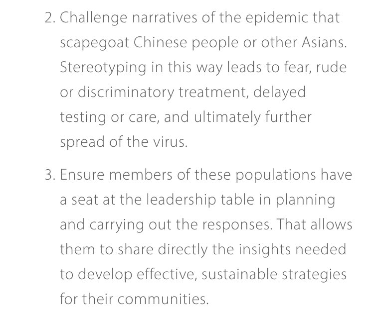 2. Challenge narratives of the epidemic that scapegoat Chinese people or other Asians.3. Ensure members of these populations have a seat at the leadership table in planning and carrying out the responses.2/6