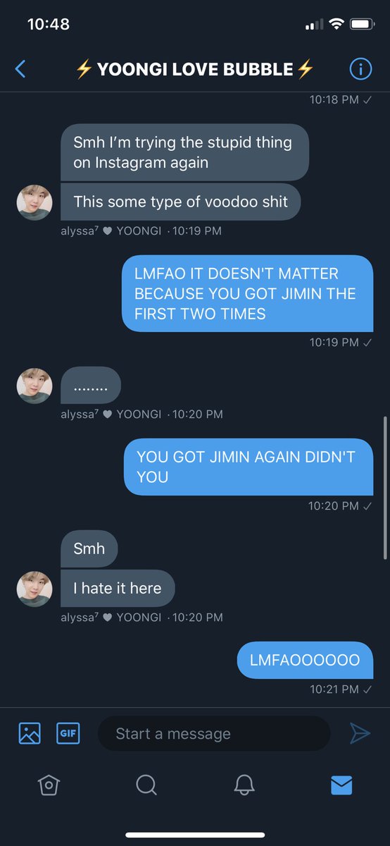 Exhibit F: Immediately after twitter declaring she is Jimin, Alyssa comes to the group chat and....