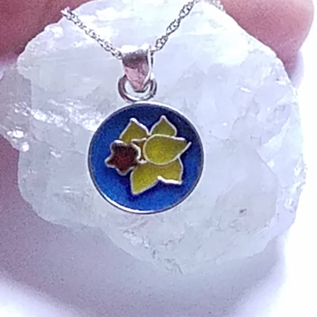 minerockstudio's tweet photo. Very tiny little #cloisonné #daffodil pendant.  I did the enamel right into a 10 mm bezel cup.  Creates a dainty little piece of one-of-a-kind jewelry. https://t.co/RjJcRzlzbv