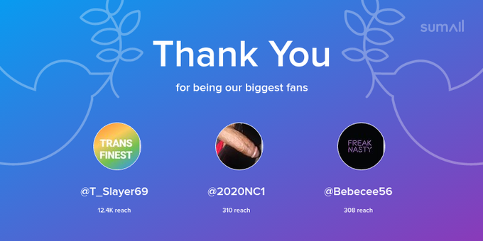 Our biggest fans this week: T_Slayer69, 2020NC1, Bebecee56. Thank you! via https://t.co/MQbZ2Va1B6 https://t