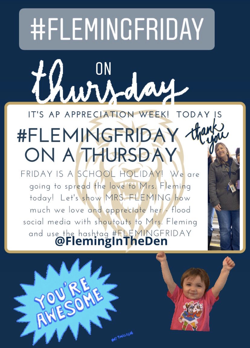 lakecreek_stuco's tweet photo. Alright LIONS- wrapping up our AP appreciation week with @FlemingInTheDen ! Tomorrow is #FLEMINGFRIDAY on a Thursday... because Friday we are all on vacay!! https://t.co/itB3ZbFidD
