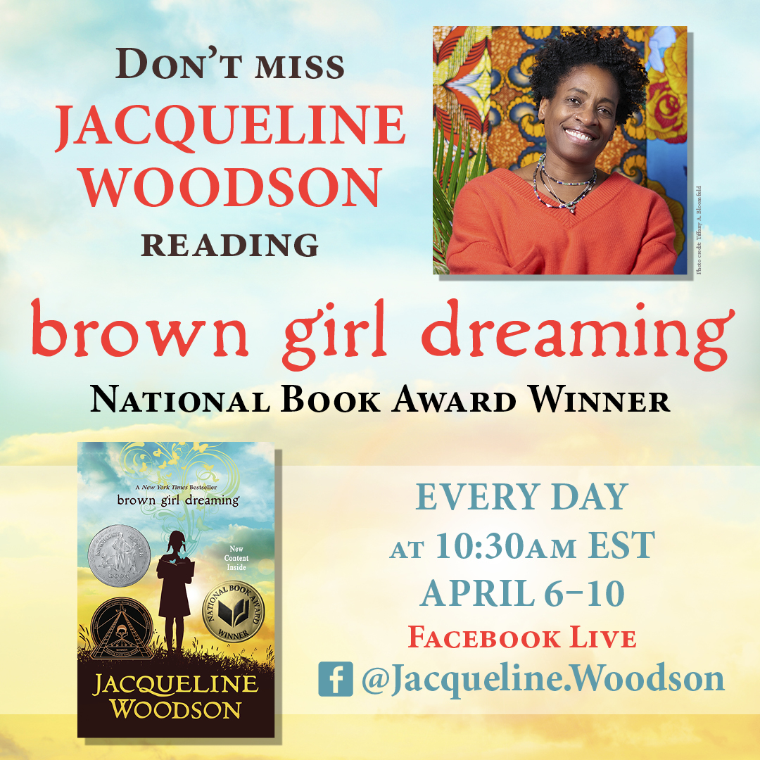 JackieWoodson's tweet image. Thanks so much for joining me every morning at 10:30 on Facebook Live. It&apos;s been fun reading Brown Girl Dreaming out loud and telling the stories behind the book. Two more days and then I announce who&apos;s coming next. Excited!