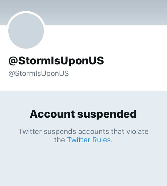 So anyone in the  #disinfo biz will understand the significance of this ...it appears one of the largest  #Qanon accnts on Twitter,  @StormIsUponUs has been suspended. "Joe" had a following of 273000 & was probably in the top five for most influential around the Qanon hashtag  #osint