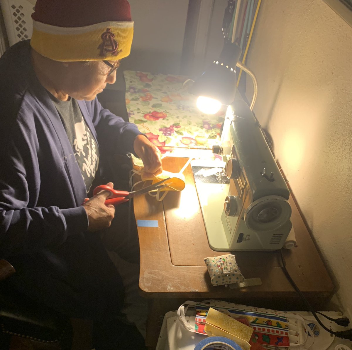 fcalderon87's tweet photo. my retired mom making homemade masks for my associates during her free time; this lady right here is my hero.🧡 https://t.co/vAn28L9FQa