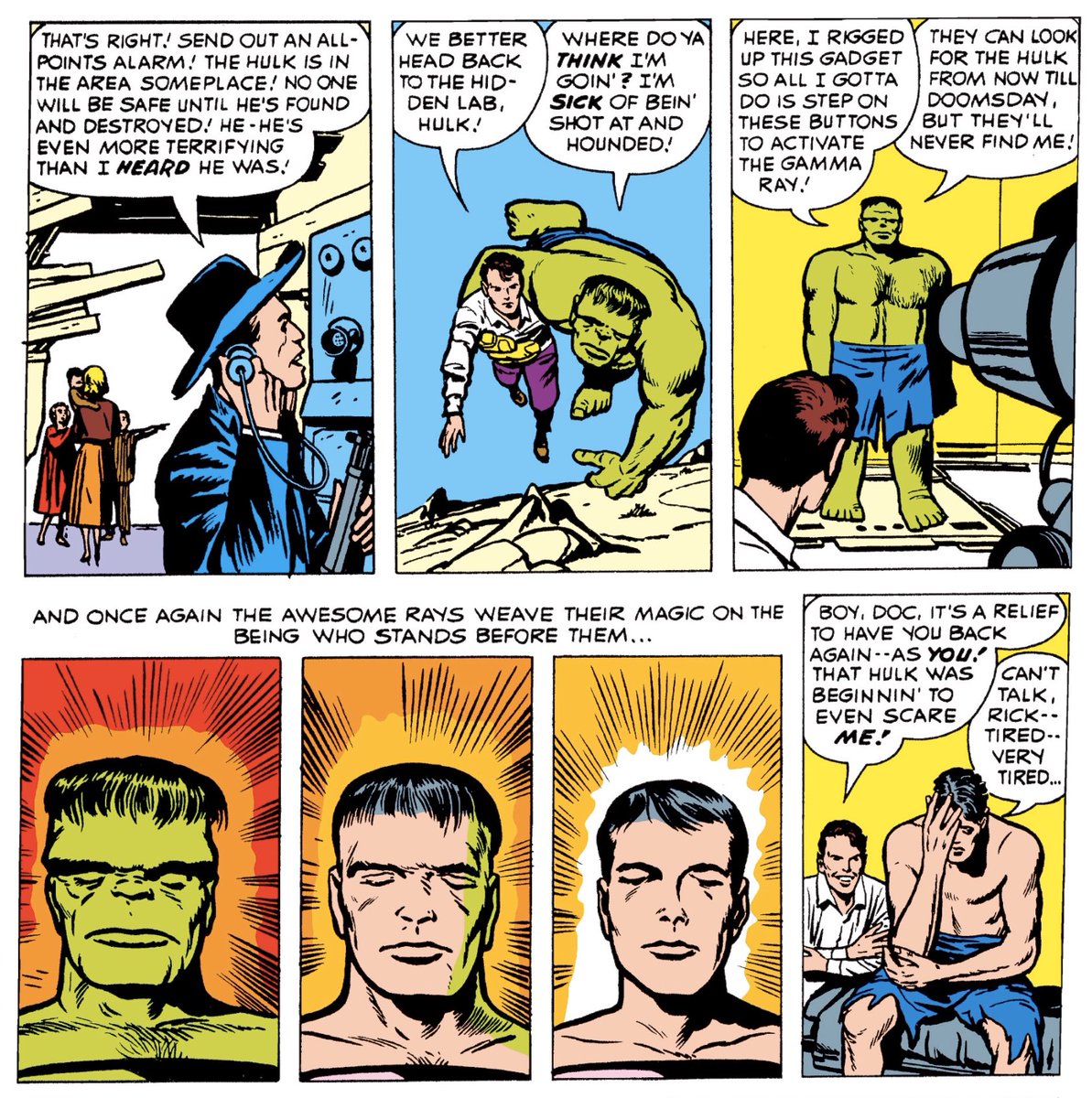...and by issue #4 Banner requires a gamma ray machine to transform back-and-forth into the Hulk. This constant state of flux and inconsistency eventually resulted in HULK’s solo title being canceled after 6-issues before being given a 2nd chance at life in TALES TO ASTONISH...