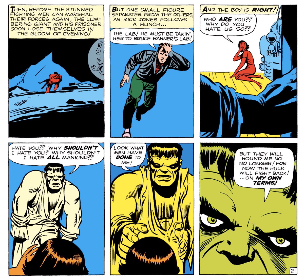 ...plus, the Hulk was a bit of a psychopath in these early Stan Lee comics, as he repeatedly states his intentions to conquer the world and destroy all of mankind.I guess the Ol’ Jolly Green Giant was more monster than man in his inception...