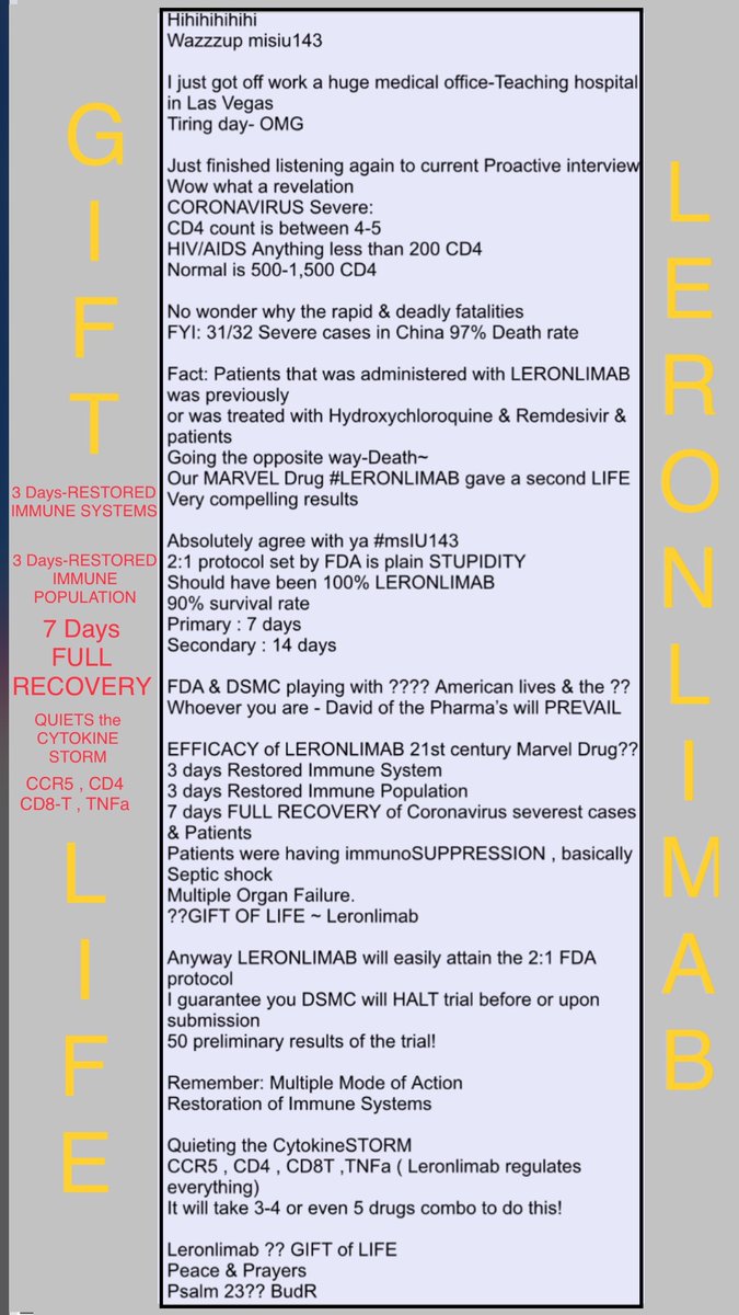 BudRante's tweet photo. @RobinFox46 $CYDY @cnnbrk @cnni
#Leronlimab I’m v. confident excellent results
Ph2 mild-moderate #coronavirus
#severest cases-Success
https://t.co/ecVuyzfMg7
https://t.co/PAeH71tDtx
FYI: EARLY INTERVENTION is da key 🔑
#Quiets Cytokine Storm-MOA
@GovMurphy @NYGovCuomo https://t.co/BWMGRNqBZx
