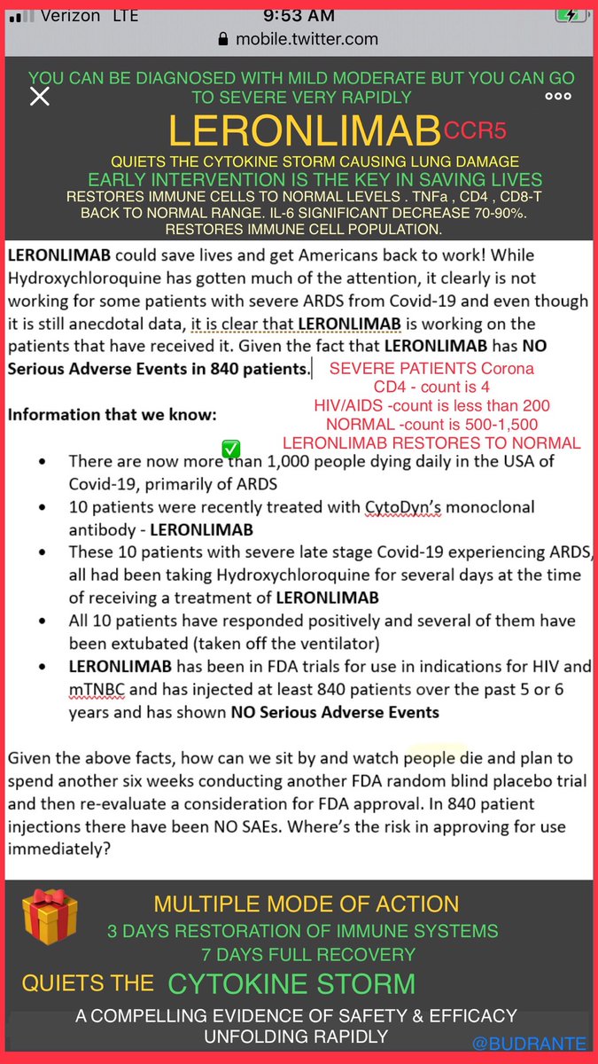 BudRante's tweet photo. @RobinFox46 $CYDY @cnnbrk @cnni
#Leronlimab I’m v. confident excellent results
Ph2 mild-moderate #coronavirus
#severest cases-Success
https://t.co/ecVuyzfMg7
https://t.co/PAeH71tDtx
FYI: EARLY INTERVENTION is da key 🔑
#Quiets Cytokine Storm-MOA
@GovMurphy @NYGovCuomo https://t.co/BWMGRNqBZx