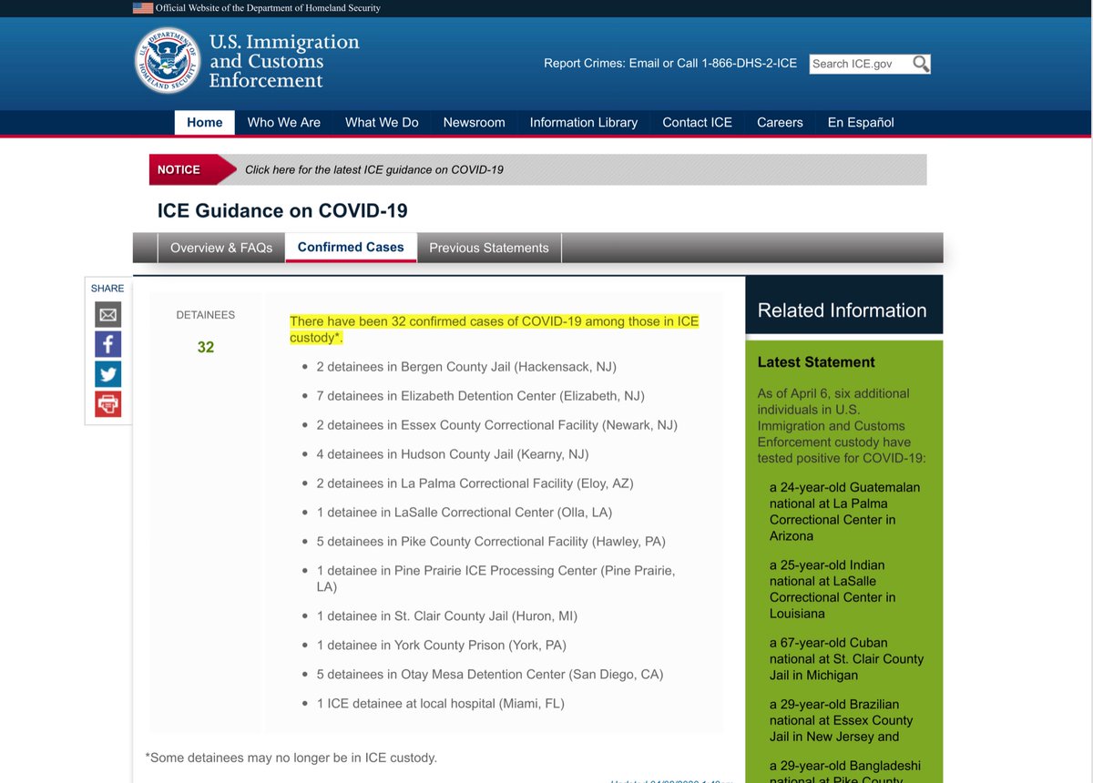 So what’s the PLAN?YOU FAILURES are also endangering PUBLIC SERVANTS<24 hours ago 19 NOW 32 detainees You guys better square your shit - letting detainees die isn’t an option, I’d argue it is gross negligent homicide ICE Guidance on COVID-19  https://www.ice.gov/coronavirus#.Xo6WNWNgWys.twitter