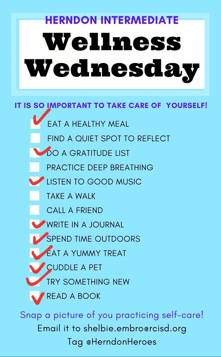 Day 3 of Herndon's Virtual Spirit Week: Wellness Wednesday! @herndonheroes #ReadersAreLeaders #ConstantReader #hhheroes #RCISDJoy #SafeAtHome