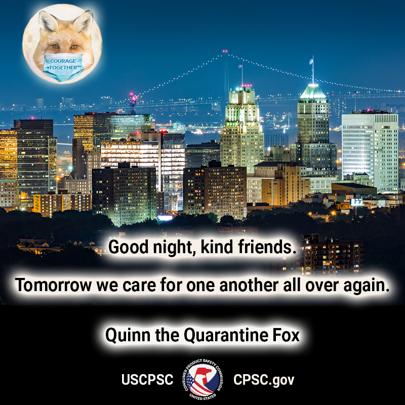 A fox in the moon wearing a mask that says "courage together" over Newark, NJ. The text reads: Good night, kind friends. Tomorrow we care for one another all over again. Quinn the Quarantine Fox