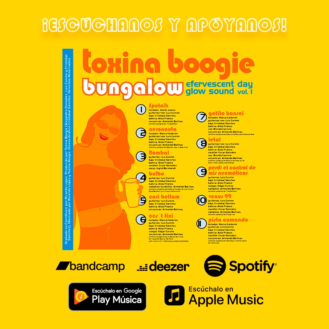 Esta cuarentena #EscuchaMúsicaLocal. Escúchanos y apóyanos @toxinaboogie en @SpotifyMexico @DeezerLatino @iTunes @AppleMusicES @GooglePlayMusic @Bandcamp y @SoundCloud. #ToxinaBoogie #QuédateEnCasa