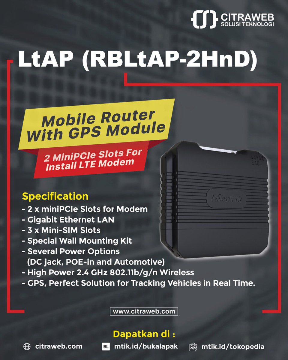 mikrotik_id's tweet photo. Routerboard LtAP adalah perangkat Access Point (AP) MikroTik yang memiliki kategori "Compact Weatherproof Wireless AP"
Detail produk dan pembelian dapat melalui :
https://t.co/g2ThdJNac7
#LtAP #GPS #RuggedRouter #HeavyDutyRouter #LTERouter #Mikrotik #Citraweb #CST https://t.co/hwzStza3Em