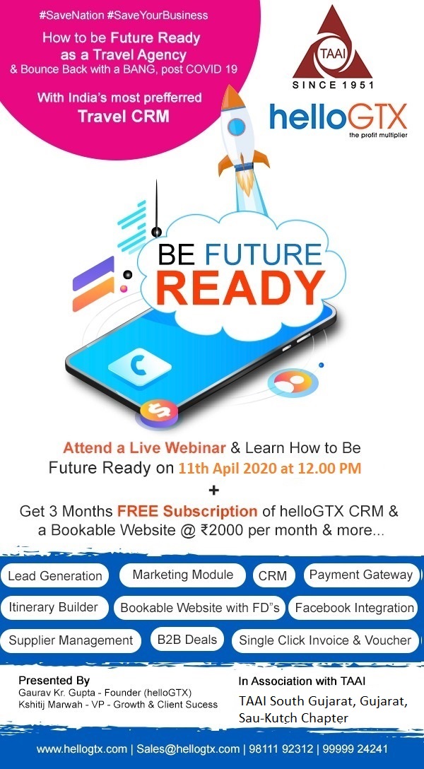 Be Future Ready &amp; Bounce Back with a Bang!

TAAI Gujarat,  South Gujarat &amp; Sau-Kutch Chapter - brings you this live webinar to help you with India's Favorite Travel Technology Platform helloGTX.

Time: 11th Apr 20 - 12 PM

Join here - bit.ly/2JM5Y4W

#TAAI #travelagent