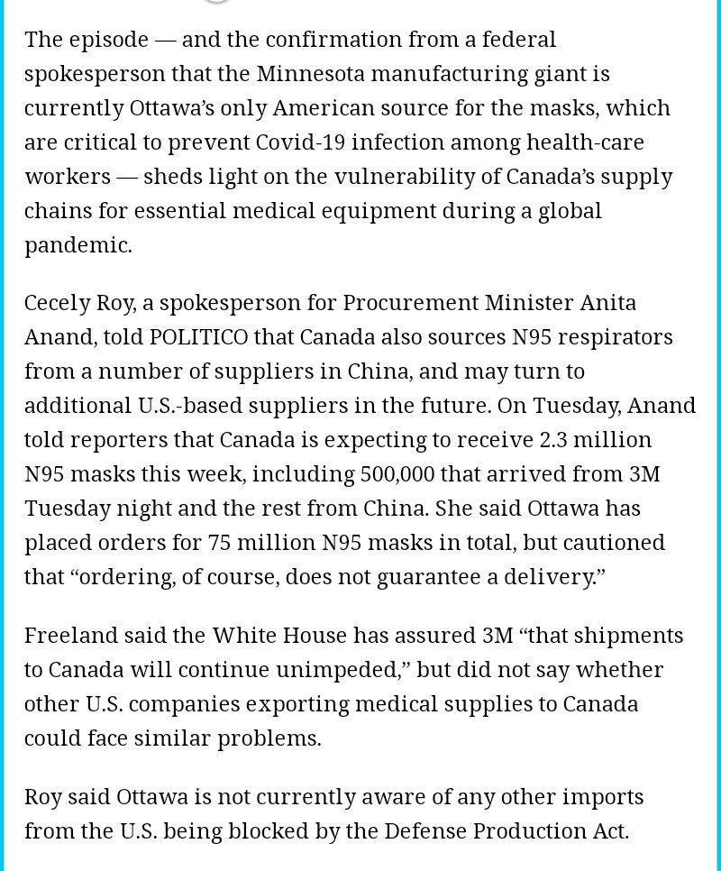  #N95  #N95masks  #Canada  #US  #Diplomacy  #ChrystiaFreeland  #TrumpAdministration  #PPE  #PPEshortage  #Ottawa  #3M  #WhiteHouse