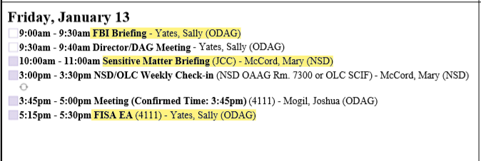 New FOIA docs: calendar entries of former DOJ ADAG Tashina Gauhar. (Yates/Rosenstein ally)1/12/17: Flynn WaPo leak1/13/17: a DOJ/FBI meeting - and a very curious “Sensitive Matter Briefing” with Mary McCord (NSD)cc  @KerriKupecDOJ