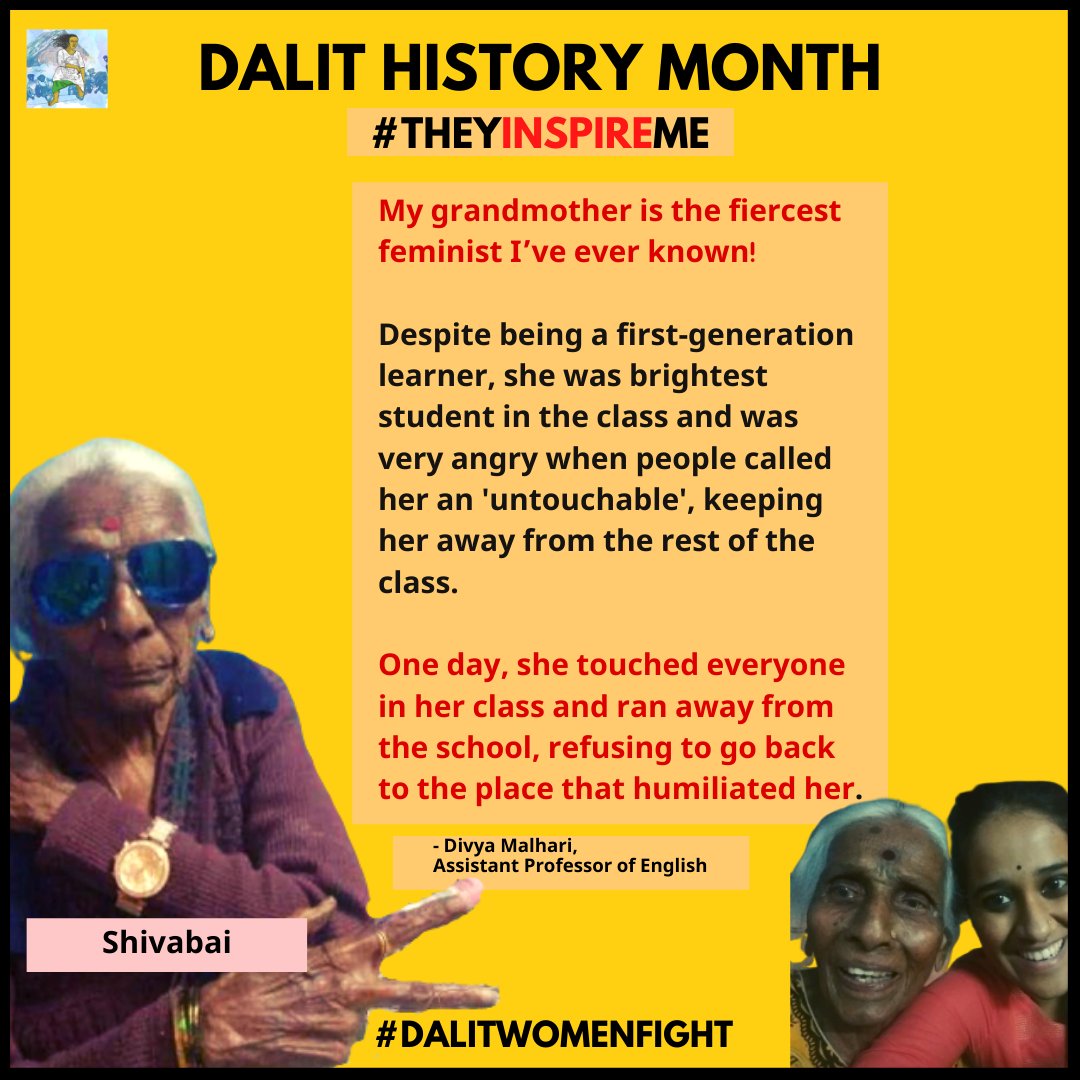 "Fed up of people calling her 'untouchable', one day, she touched everyone in her class and ran away from the school." Today, for  #DalitHistoryMonth, meet the coolest Dadi (grandmother) on this planet! - Divya Malhari ( @e3186f293e9c4e4)  #TheyInspireMe