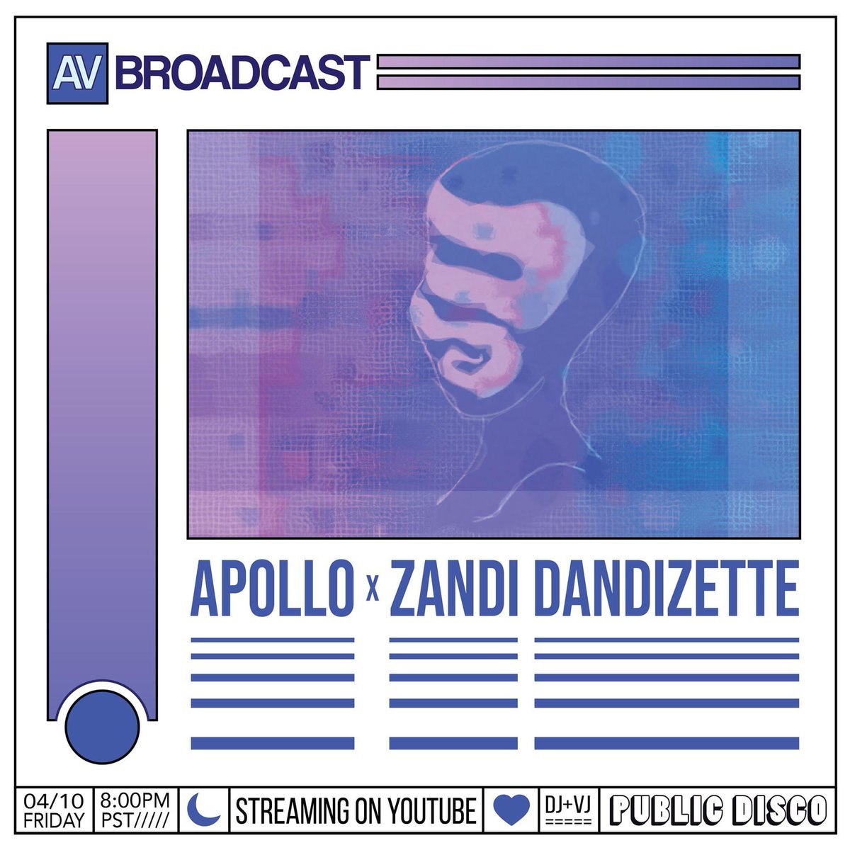 public_disco's tweet image. This Friday we're moving into digital space with an audio visual web stream featuring music by Apollo and visual art by Zandi Dandizette. Tune in! 📺💙🌟 #housemusic #musicbc #webstream