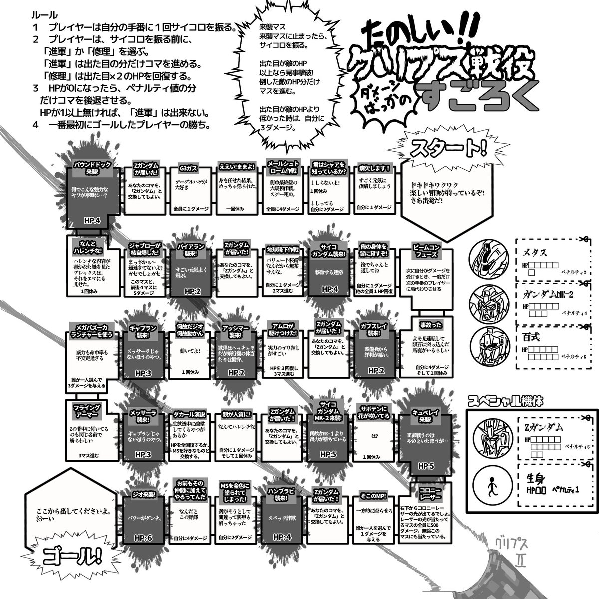 おうちで遊べるようにすごろくを試作してみました。遊んでみてね!(バランス調整等はガバガバガバガバガバメントなので、意見等あればリプライにお願いします) 