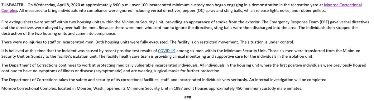 UPDATE:  @WACorrections says this started in the Minimum Security Unit where fire extinguishers were set off, directives obeyed by 'more over half the men,' sting balls, pepper spray used on others. No injuries to staff, inmates. New COVID-19 cases likely caused the stir  #KOMONews