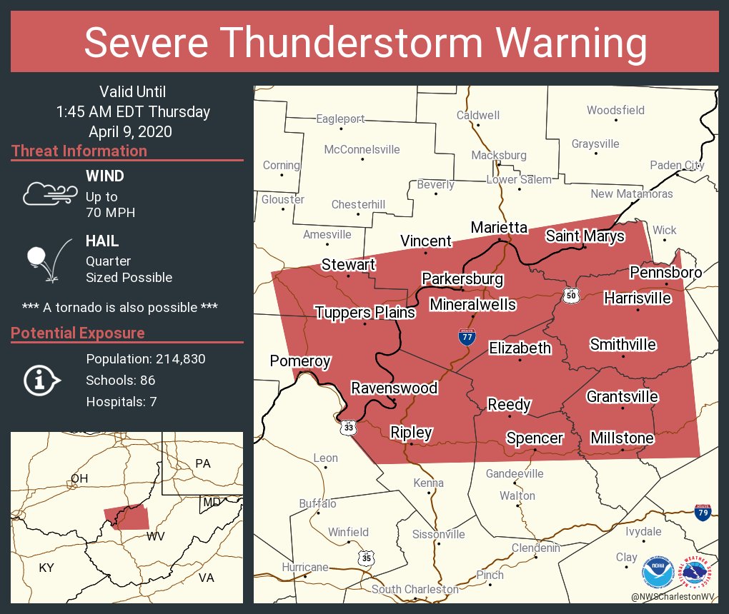 Nws Charleston Wv Severe Thunderstorm Warning Including Parkersburg Wv Marietta Oh Vienna Wv Until 1 45 Am Edt