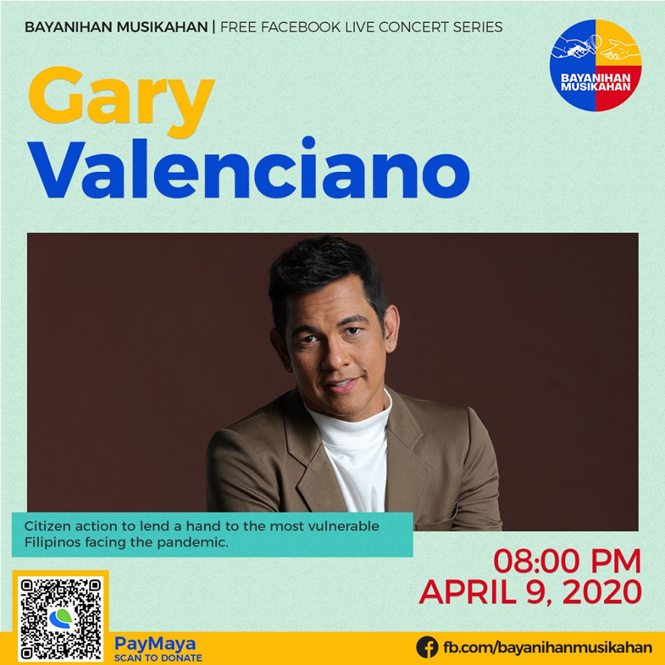 Gary Valenciano hits the virtual stage for tonight’s #BayanihanMusikahan!

Stream his FB Live performance at 8:00 PM  and support the cause by donating to pymy.co/pbsp or by searching "PBSP" in your Pay Bills feature of your PayMaya app.
#OneAgainstCOVID19