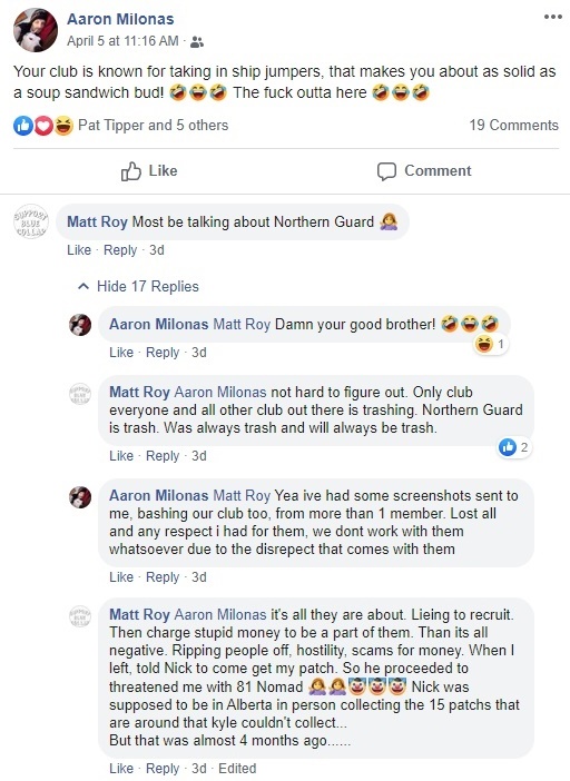 So with that in mind and considering his advice to not engage in online beefing with other groups that give their opposition ammunition here is Aaron trashing the Northern Guard which is another a hate group styled on the Soldiers of Odin and wannabe weekend bikers. 7/14