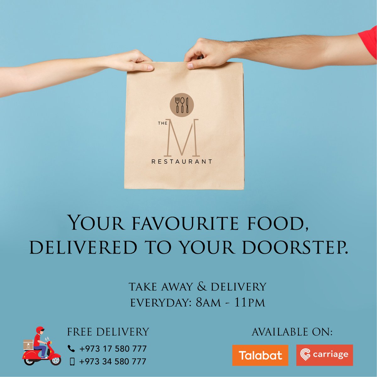 Enjoy from a multitude of multi-cuisine dishes at the comfort of your house!
#Stayhome & #ordernow on Talabat & Carriage
#orderonline #foodie #delivery #fooddelivery #takeout #homedelivery #services #multicuisinefood #deliverypartner #doorstepdelivery #restaurant #themrestaurant