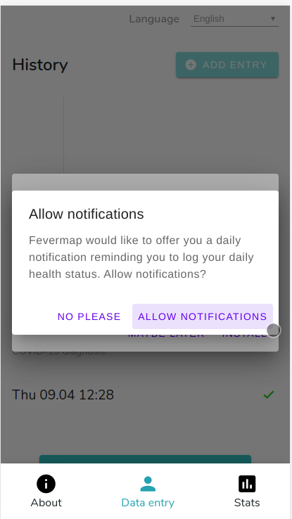 We have now updated #Fevermap to be more user-friendly. New features include: daily push notifications, a clearer language selection on first visit, age range fields to improve anonymity.. as well as lots of bug fixes. Refresh your feed and click 'Allow notifications'!