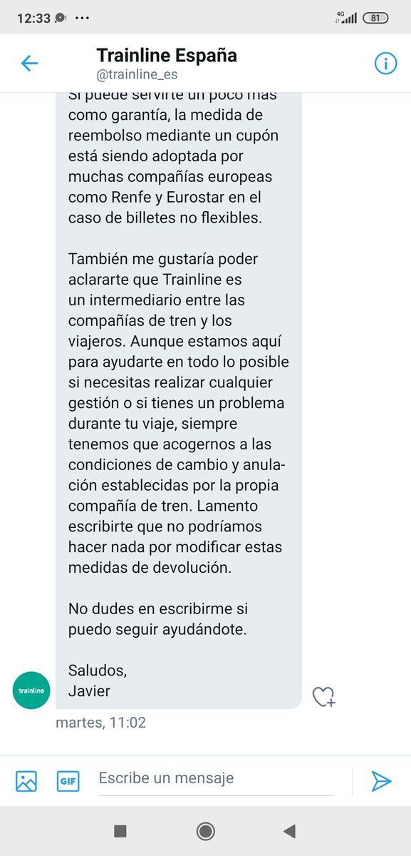 MenorValero's tweet photo. @trainline_es @DB_Presse Vergüenza os tendría que dar de únicamente ofrecer la opción de devolución mediante cupón dadas las circunstancias, tomad ejemplo de @Renfe que está devolviendo el dinero de sus billetes, ayuda @consumogob, gracias! https://t.co/iVTflMRl9W