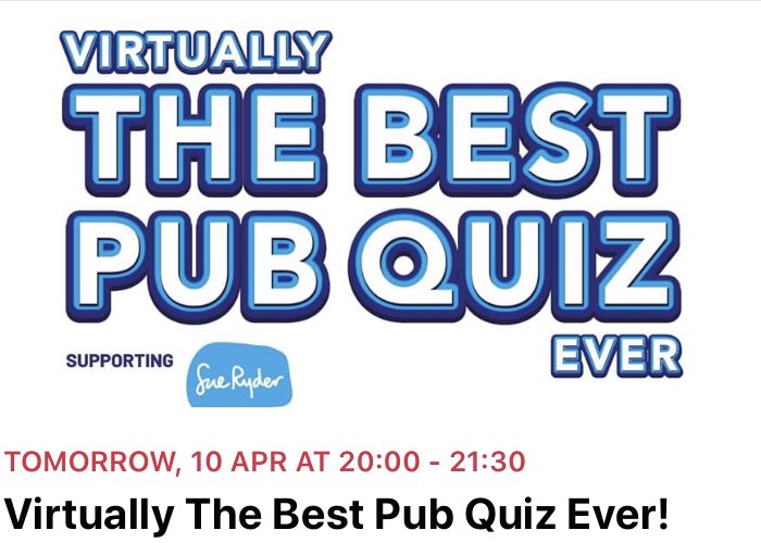 Want to help raise some extra funds to support our @SueRyderLCH Emergency Appeal &amp; have a barrel of fun doing so? Are you wondering what makes ours VIRTUALLY THE BEST PUB QUIZ EVER? Join in with connecting in your virtual Pub! 😎
See Event on Facebook: bit.ly/3aUAnK9