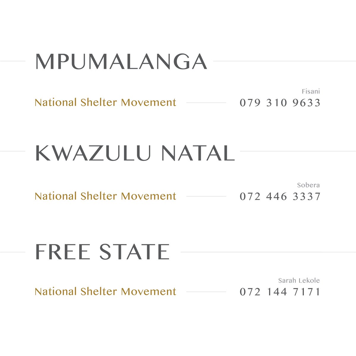 UyineneMrwetya1's tweet photo. Gender-based violence contacts by province - a thread
.
We encourage you to share this information to help reach someone that needs it. 
.
#GBV #NotoGBV #lockdown #lockdownsouthafrica https://t.co/hkp56lRkRR