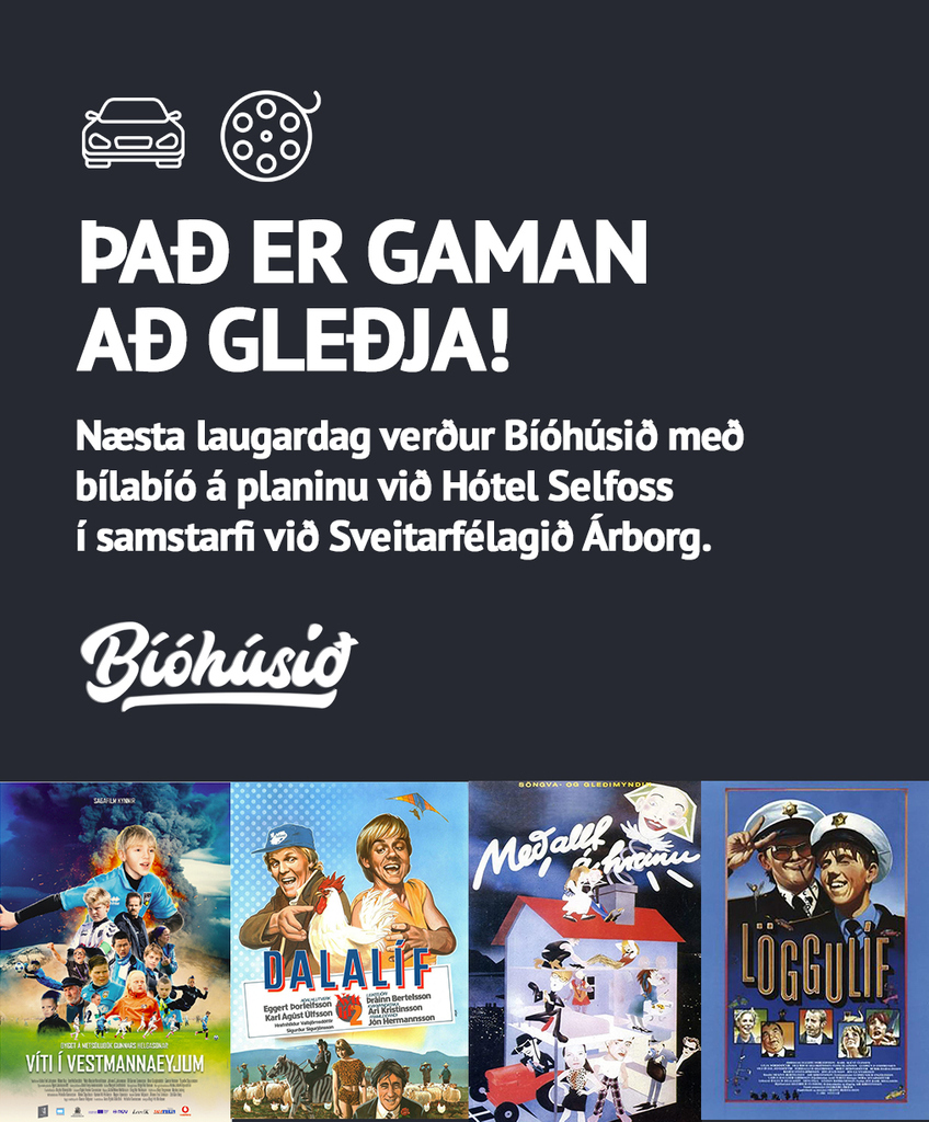 Næsta laugardag verður Bíóhúsið með bílabíó á planinu við Hótel Selfossí samstarfi við Sveitarfélagið Árborg! 🚙🎦

Aðgangur ókeypis 🤩

Sýningatímar:
13:30 - Víti í Vestmannaeyjur
16:00 - Löggulíf
18:30 - Dalalíf
21:00 - Með allt á hreinu