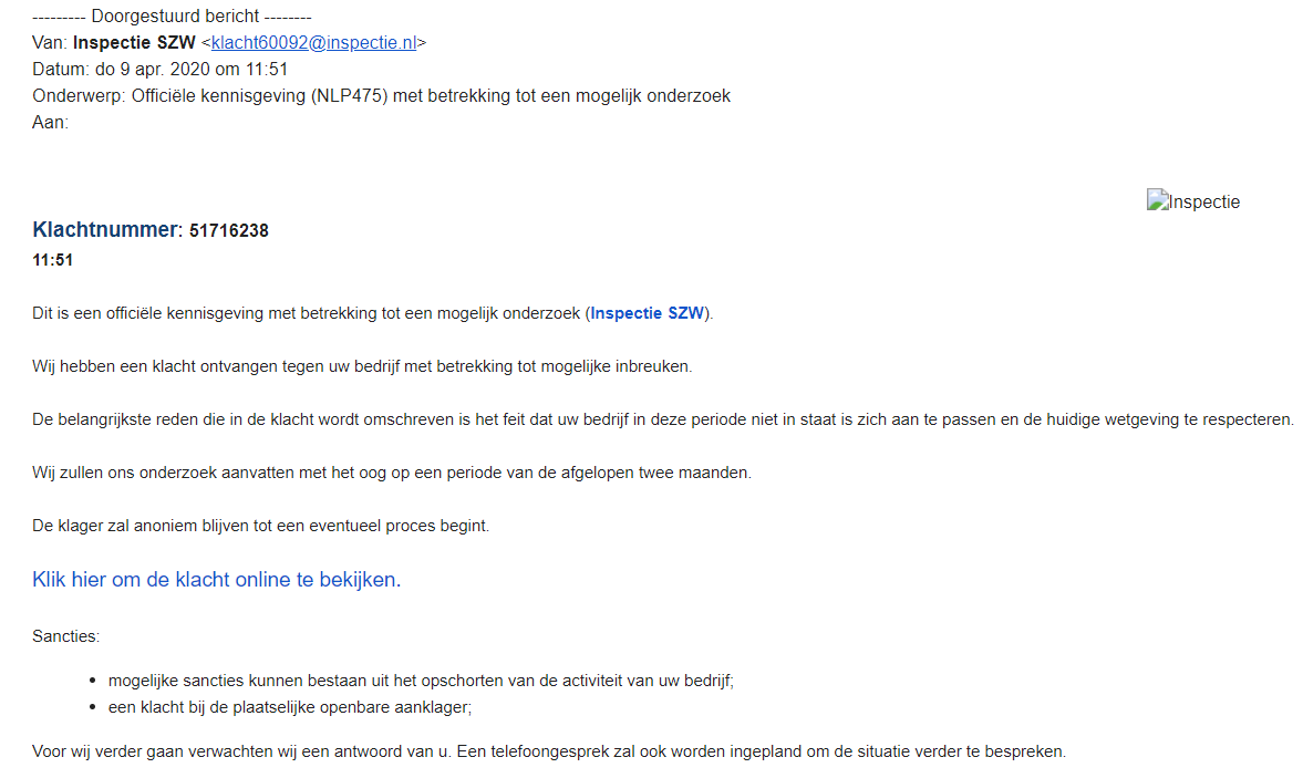 Voor mij was dit een primeur. De eerste phishing-mail uit naam van @InspectieSZW. Met links naar Italiaans webadres.