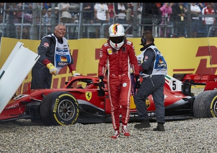 Germany 2018.After claiming glorious wins in Australia, Bahrain, Canada and Great Britain, Seb got pole in Germany. During the race he dominated and was miles ahead of Hamilton who was 2nd. However he made a mistake in the hairpin and put the car on the wall. Hamilton won. PAIN