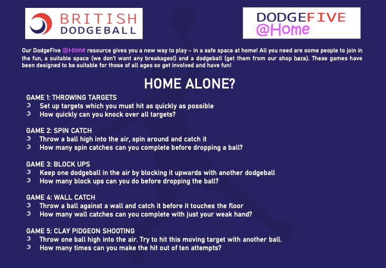 BritDodgeball's tweet photo. Home alone? Try our DodgeFive@Home activities designed just for you! 

Check them out and give them a go! 

https://t.co/uOPwqHQ4Lw

#stayinworkout https://t.co/RB9dzr2pRA