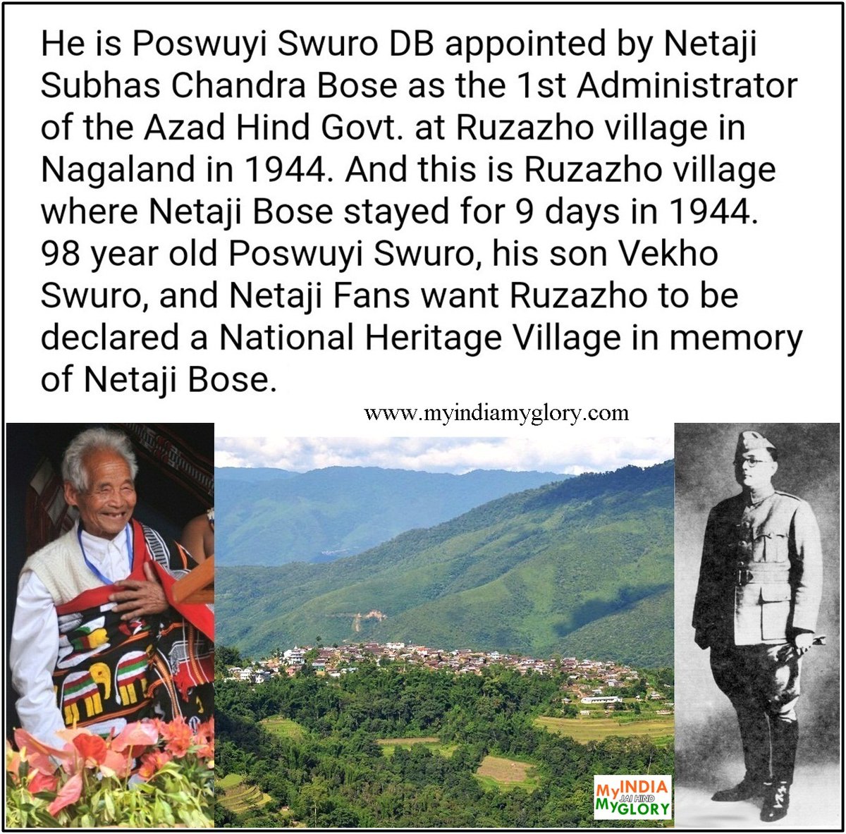 N then there were people frm Northeast who supported Netaji Bose n participated in freedom struggle against British. I personally know Vekho Swuro, son of Poswuyi Swuro - appointed by Netaji Bose as 1st administrator of Azad Hind Govt. He n his group r patriotic/nationalists.